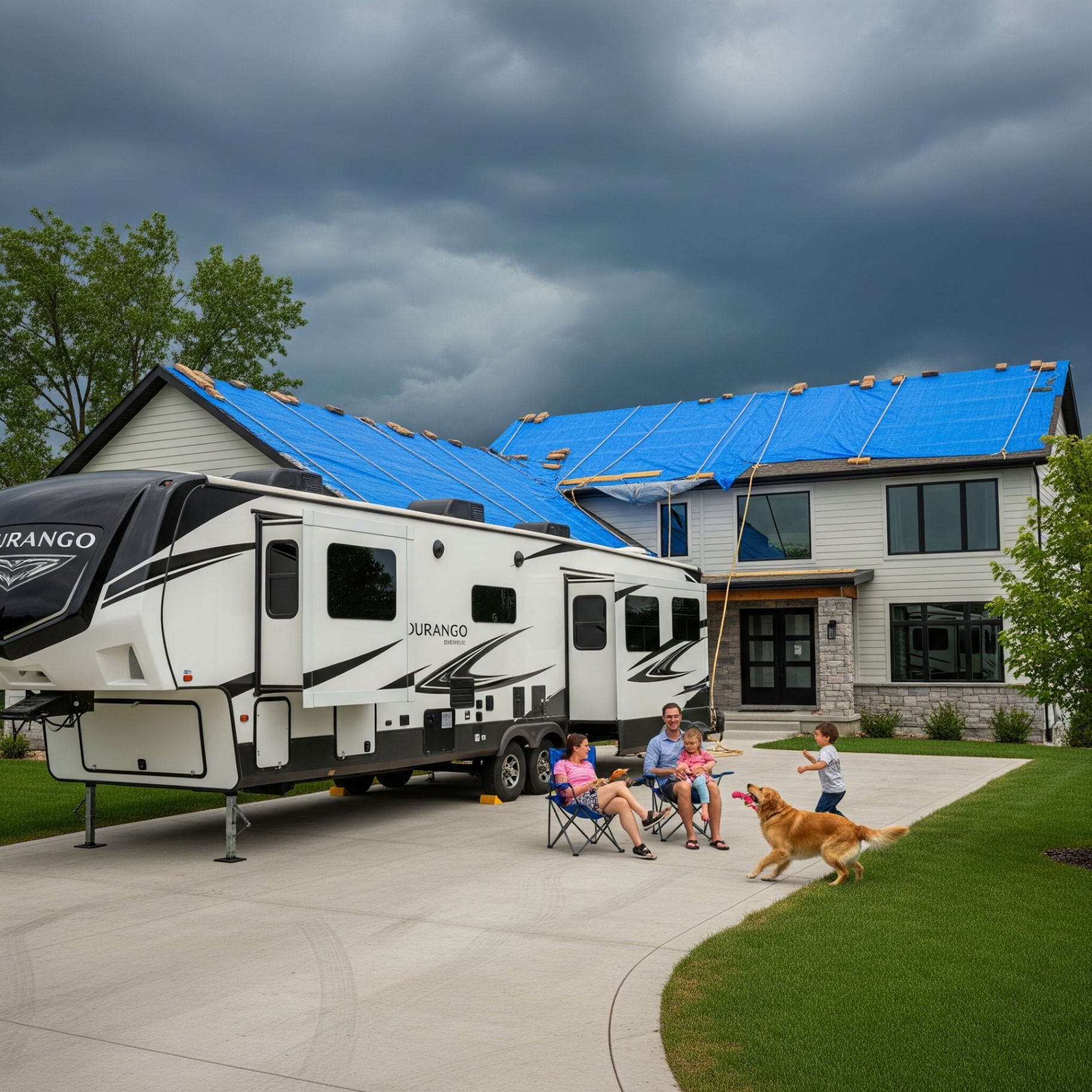 Family with two children and a golden retriever relaxing in folding chairs beside a parked fifth-wheel RV in front of a two-story home with a tarp-covered storm-damaged roof.