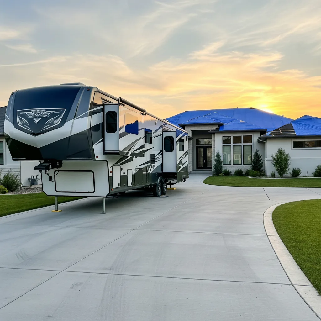 Fifth-wheel RV parked in a suburban driveway at sunset next to a two-story home with a blue tarp covering storm-damaged roof sections.