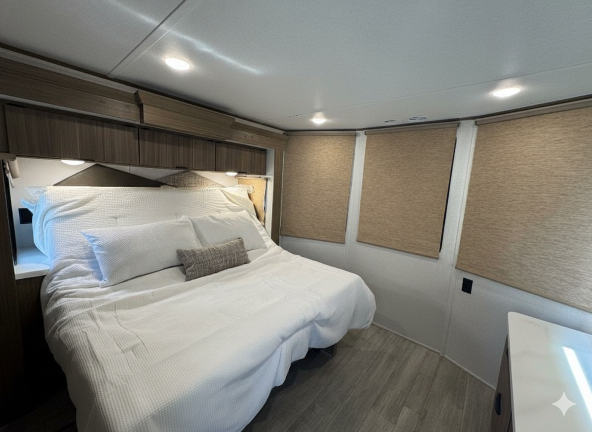 RV master bedroom with queen bed, white linens, overhead cabinetry and tan window shades.