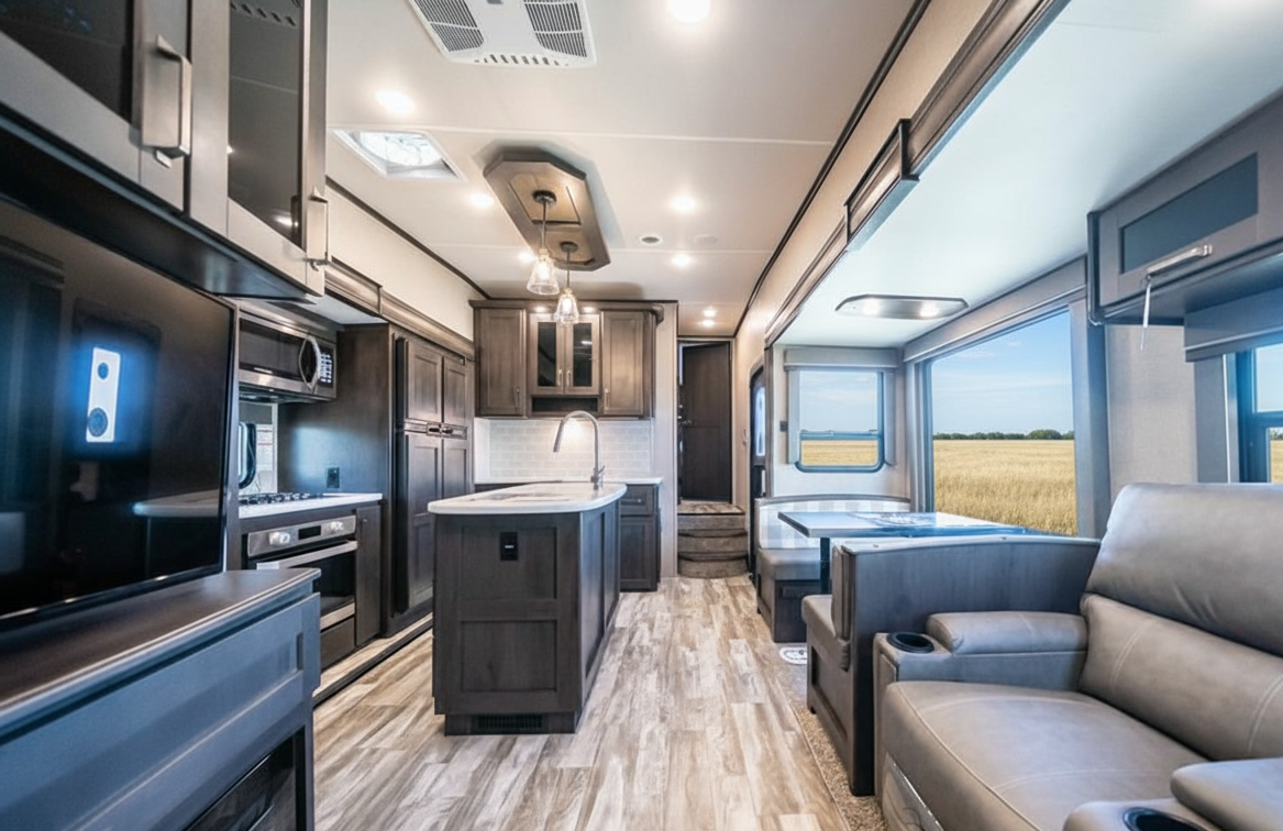 Bright RV interior with kitchen island, leather sofa, dinette and large picture window overlooking open fields.